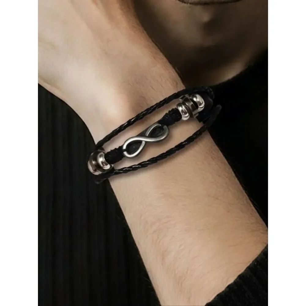 Men’s Punk Infinity Loop Faux Leather Bracelet Adjustable Edgy Statement Casual